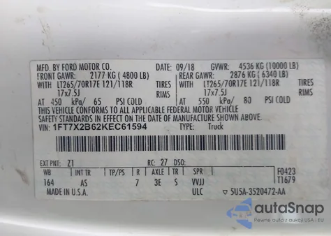 2019 Ford F-250 Xl from USA, damaged, VIN 1FT7X2B62KEC61594